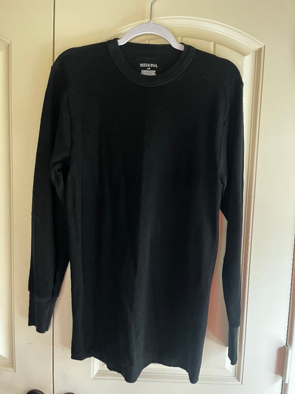 Men's Merona Black Waffle Knit Long Sleeve Shirt Size L Thermal Crew Neck